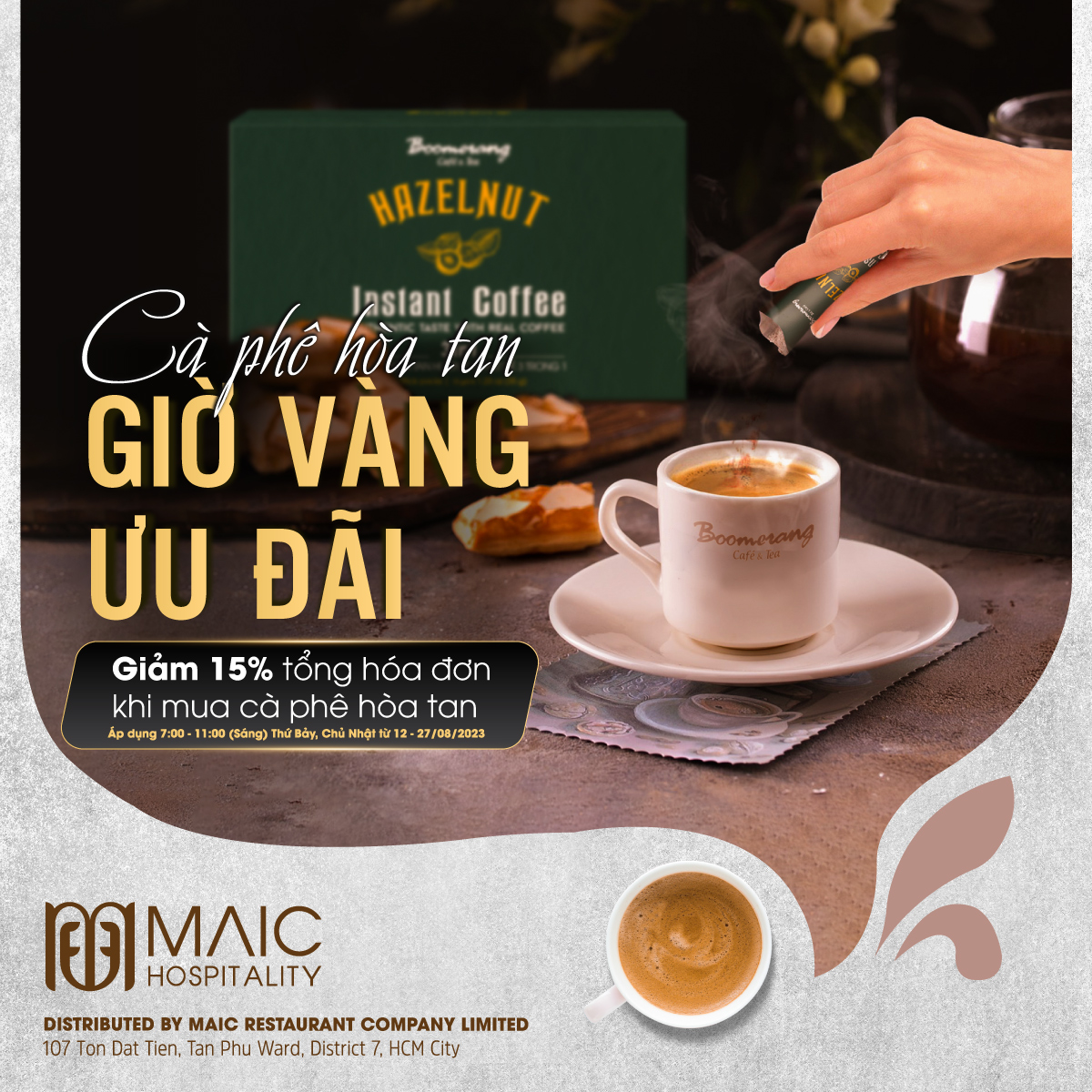 Giảm 15% tổng hóa đơn khi mua cà phê hòa tan Boomerang Café & Tea
